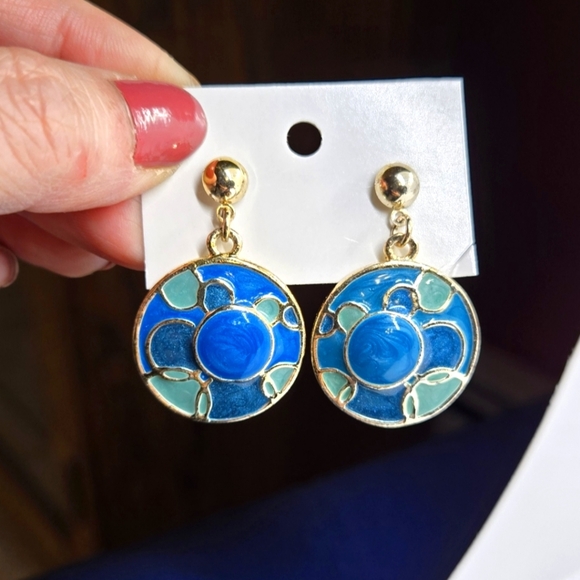 Elegant Blue and Gold Enamel  Earrings vintage style - Picture 6 of 14